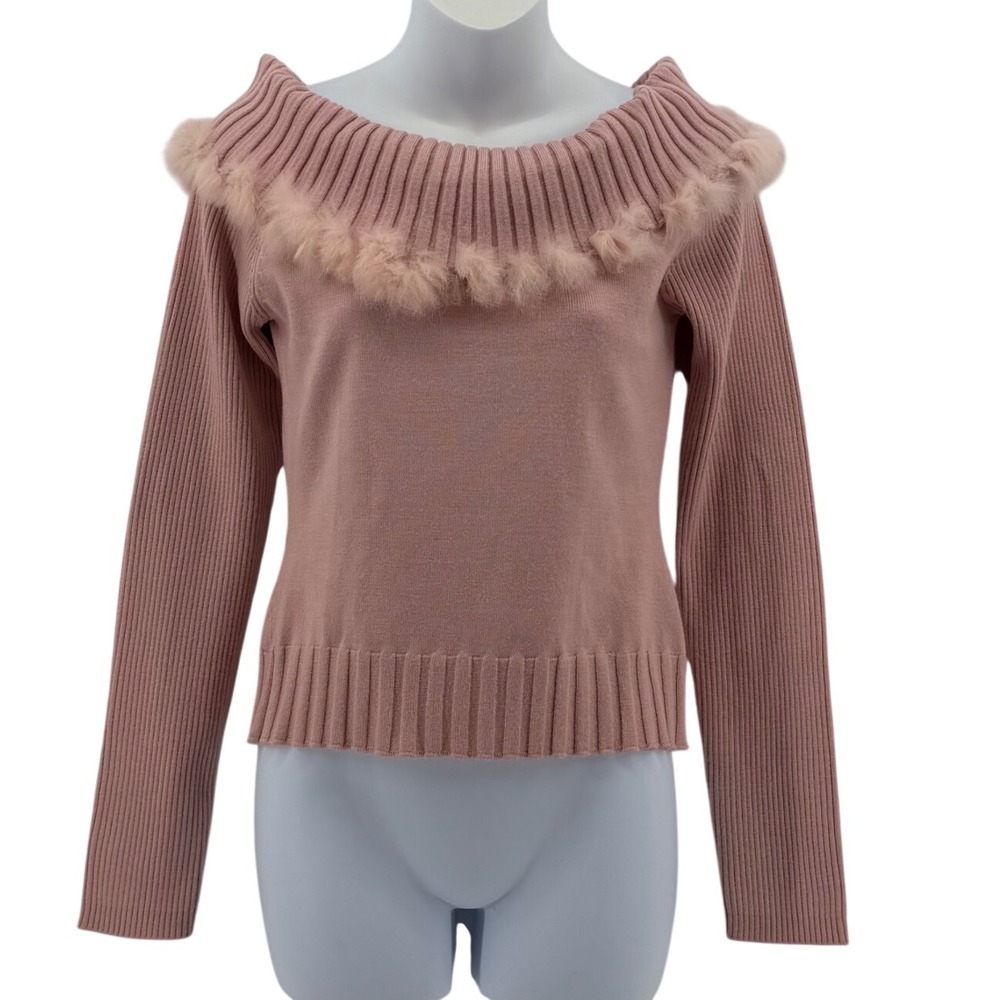 Kelli Kouri Pink Ribbed Knit Fur Trim Off Shoulder Sweater Women XS Y2K
